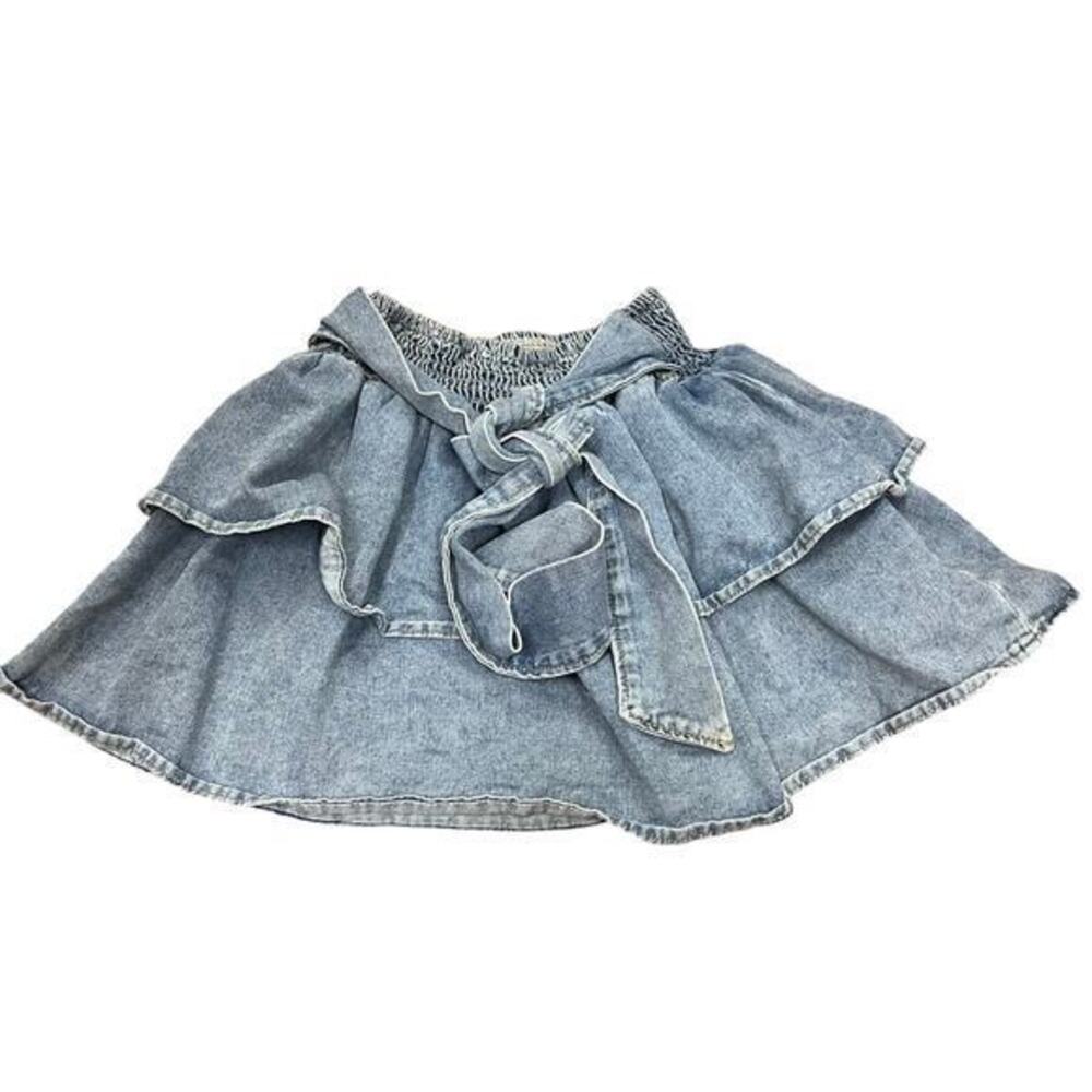 Unbranded Denim tiered smocked tie bow waist mini skirt sz S